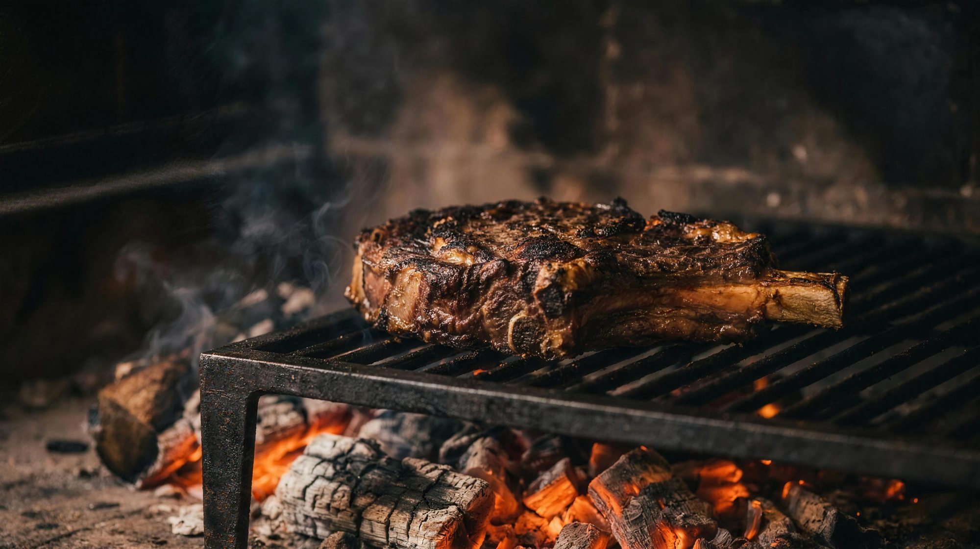 Chuletón de vaca vieja sobre la parrilla de brasa de encina
