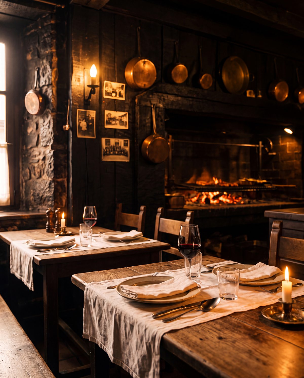 Comedor del asador con mesas de madera vestidas y luz cálida